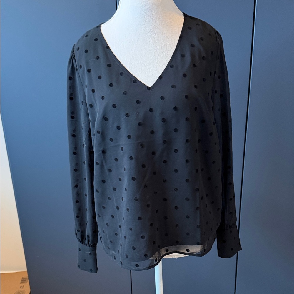 J. Crew Black Polka Dot V-Neck Long-Sleeve Top